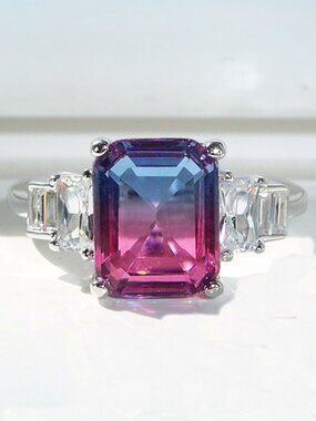 925 STERLING SILVER Bicolor Cubic Zirconia & Baguette Ring Blue & Pink